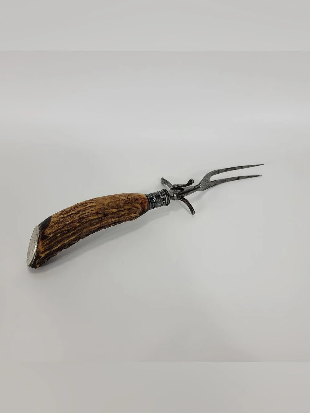 Vintage Sterling Silver Antler Handle Carving Serving Fork Meat Utensil Antique